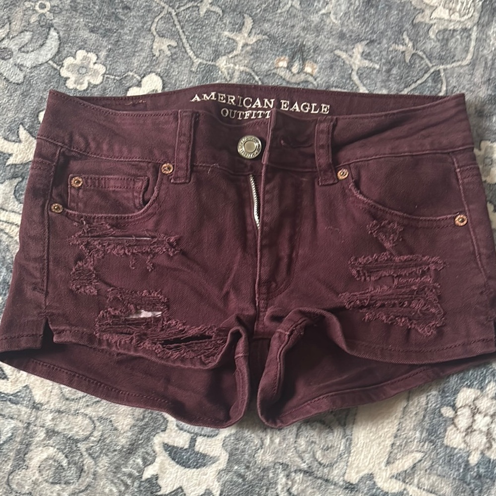 American Eagle Outfitters Women's Burgundy Distressed Shorts